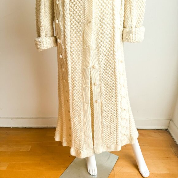 Vintage Ivory Maxi Chunky Cable Knit Sweater Coat XL - Picture 2 of 7